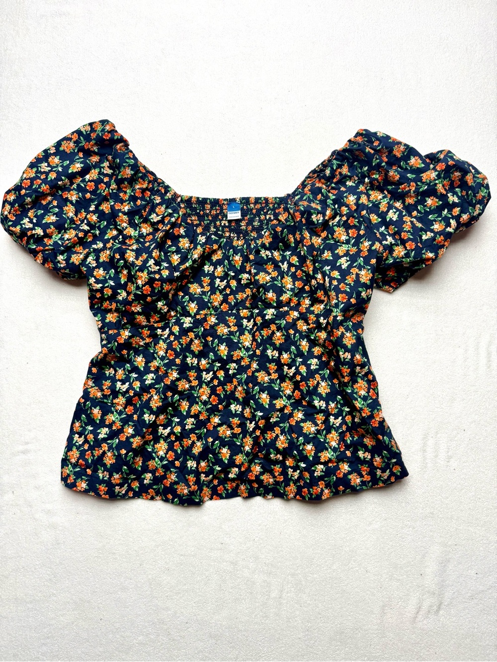 Old Navy Navy Floral Puff-Sleeve Peplum Top